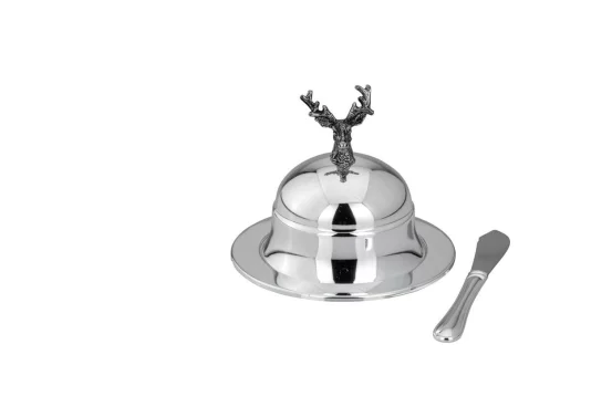 Маслянка зі срібним покриттям з фігуркою оленя та ножем